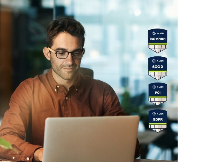 A-LIGN accredited certification badges for ISO 27001, SOC 2, PCI and GDPR